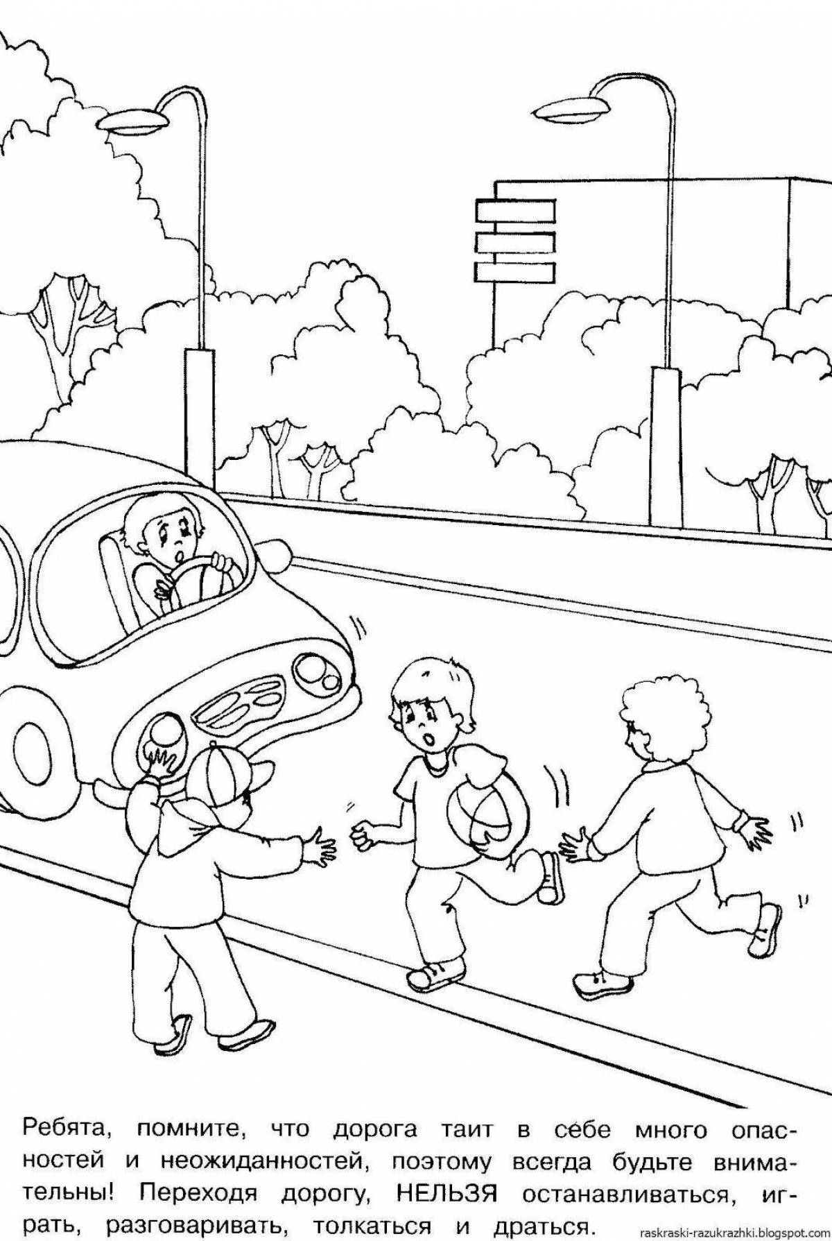 Stimulating coloring book according to the rules of the road in kindergarten