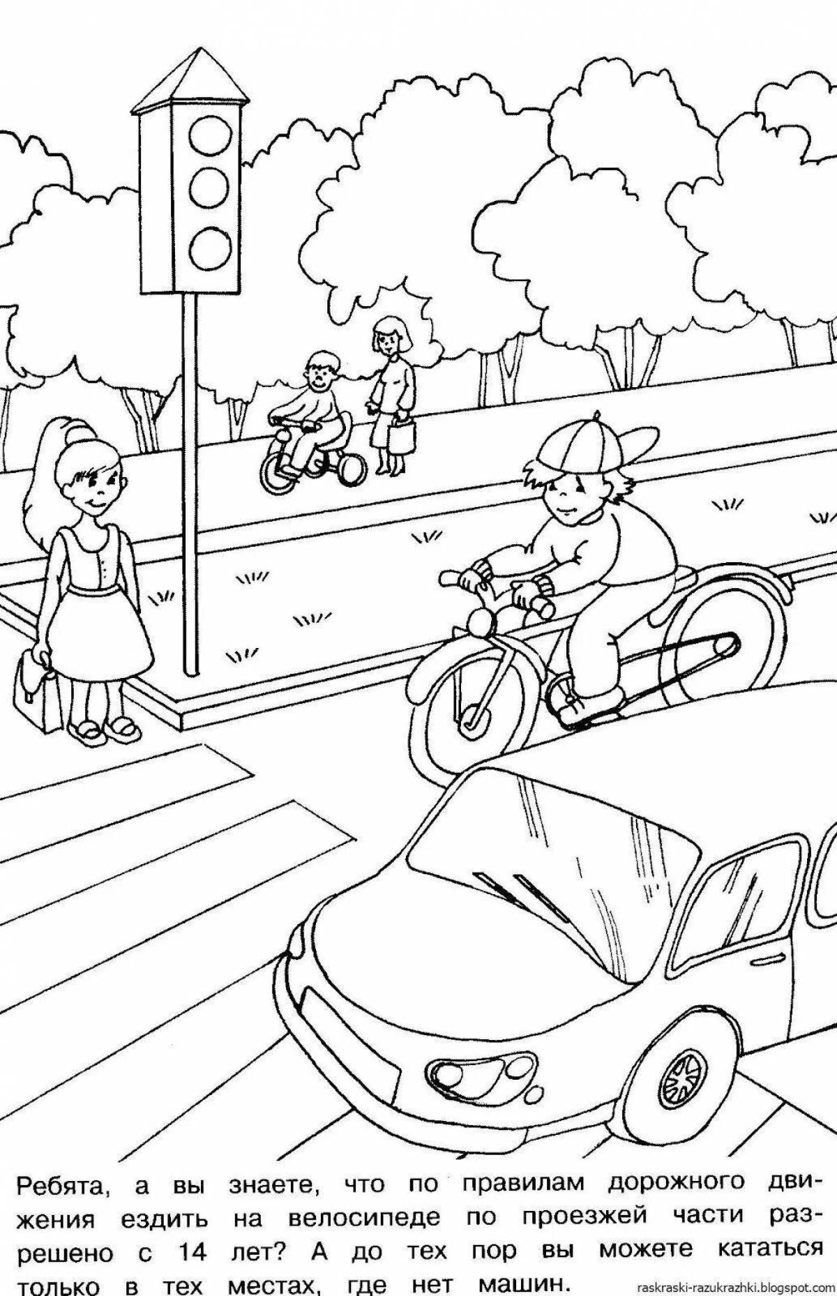 Attractive coloring book with rules of the road in kindergarten