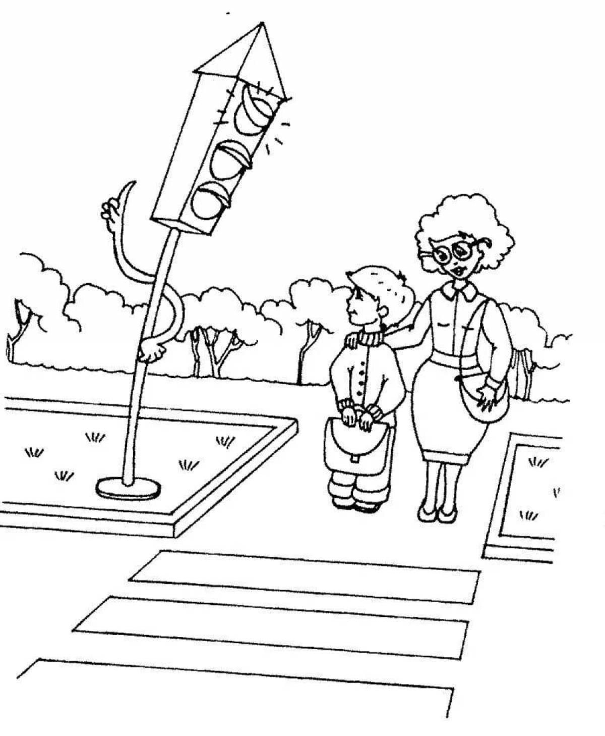 Clear the coloring page for the rules of the road in kindergarten