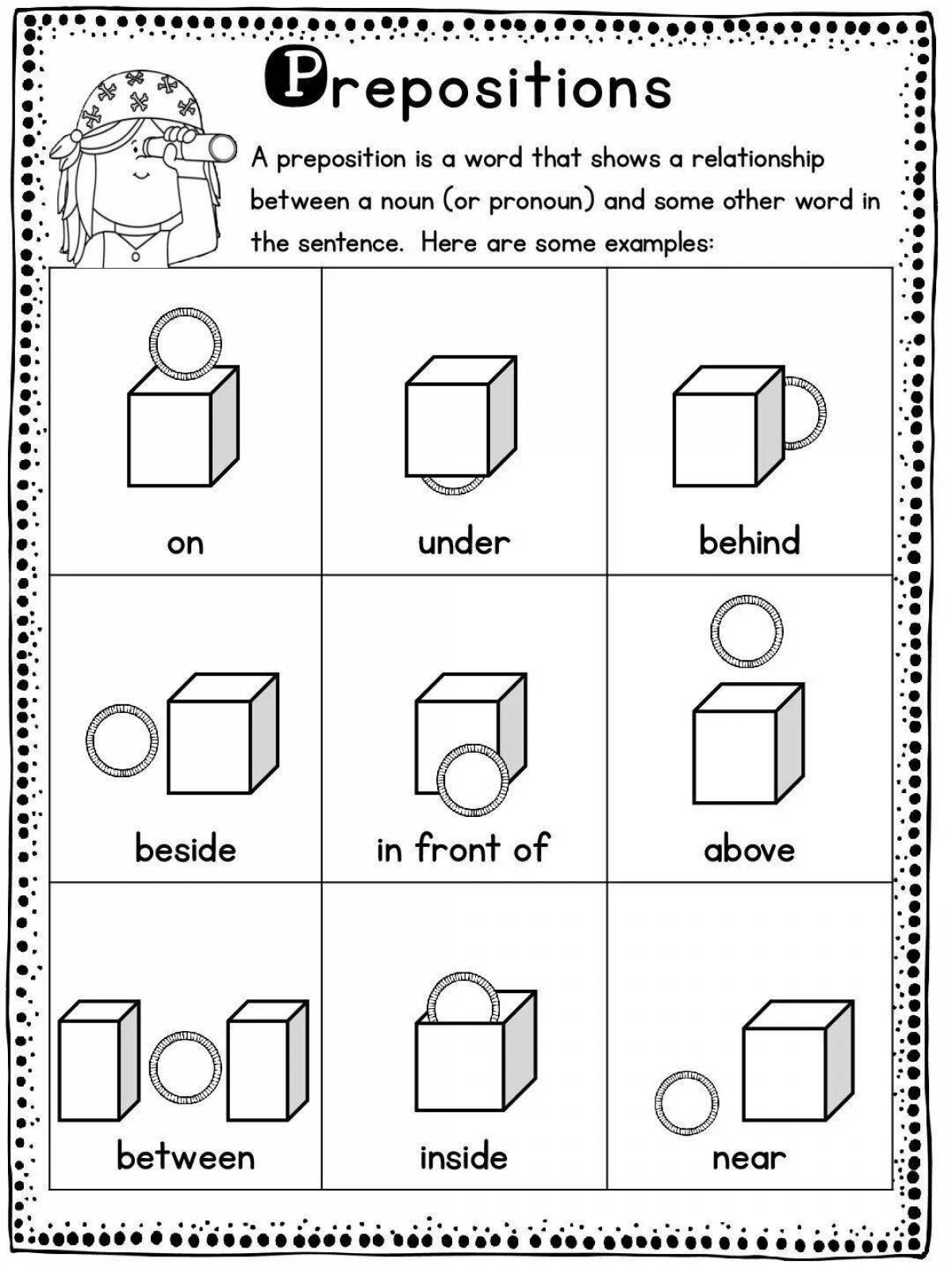 Colorful prepositions coloring pages