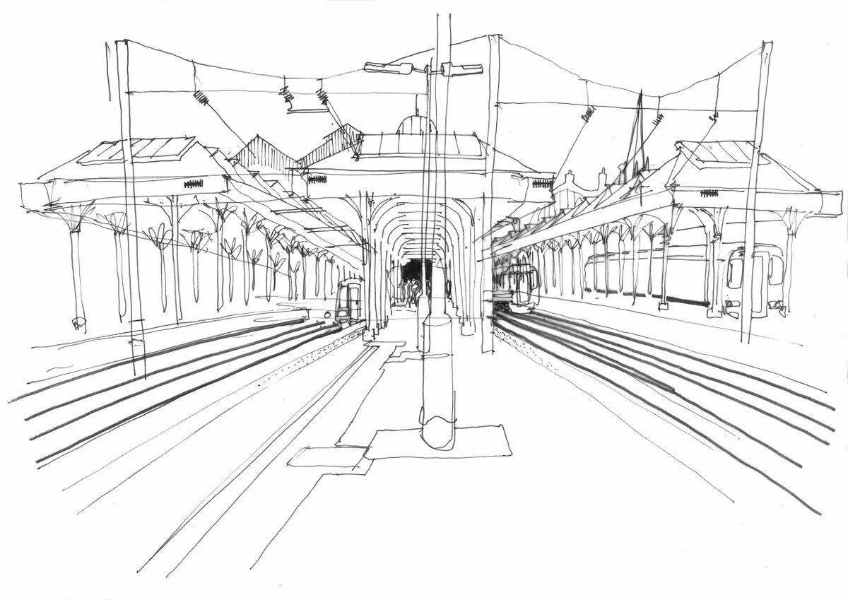 Colorful train station coloring page