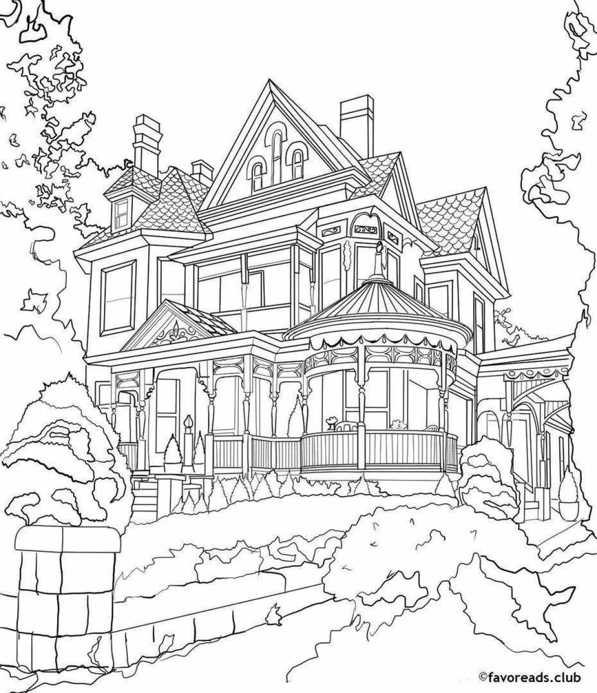Colour-filled cottage coloring page