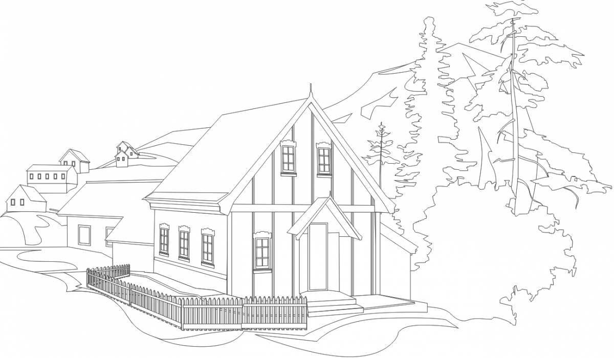 Cottage coloring page in bright colors