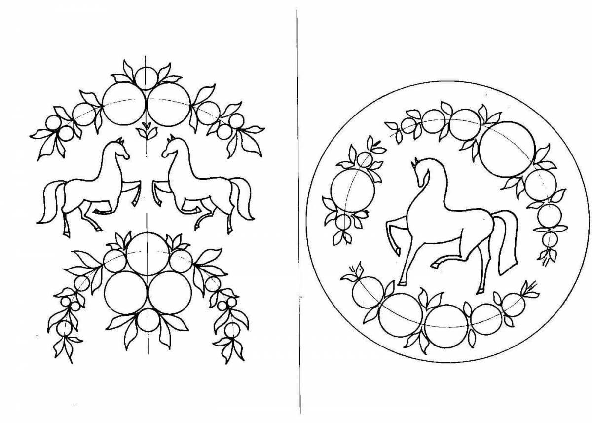 Cute gorodets horse coloring page
