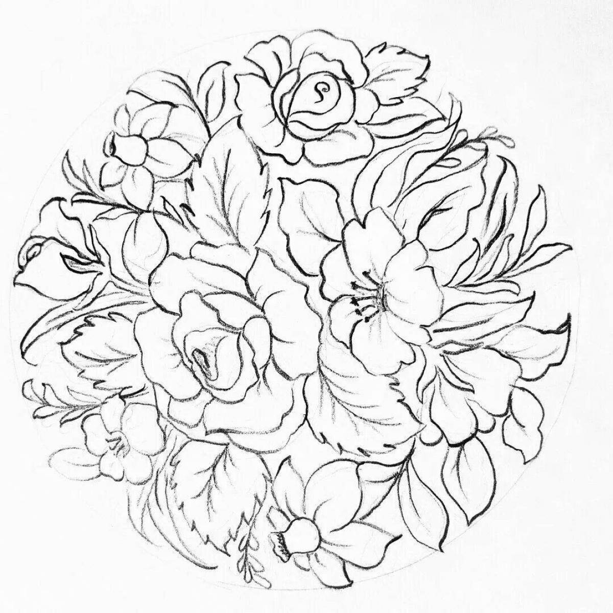 Colorful Zhhostovo flowers coloring book