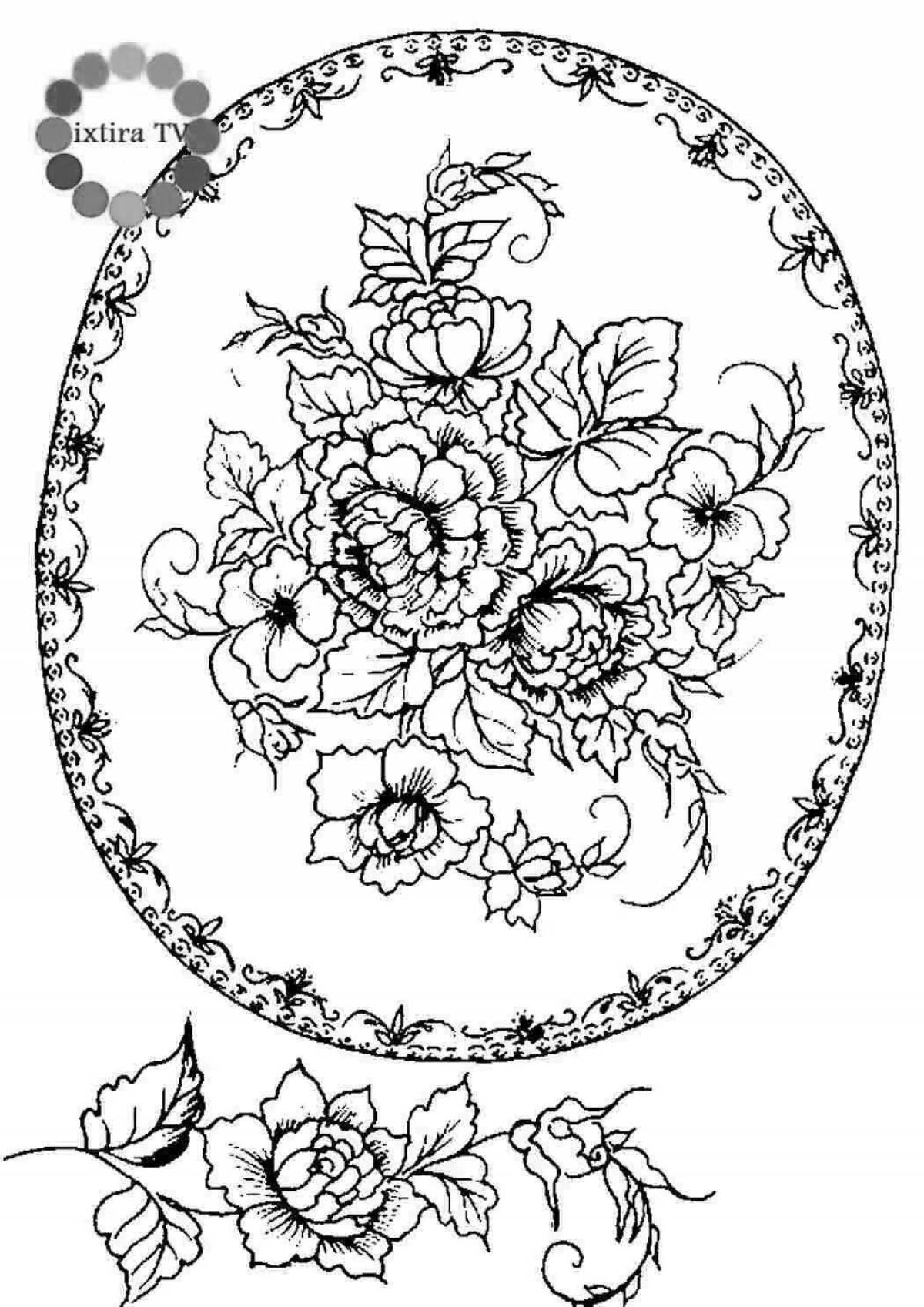 Coloring book charming Zhostovo flowers