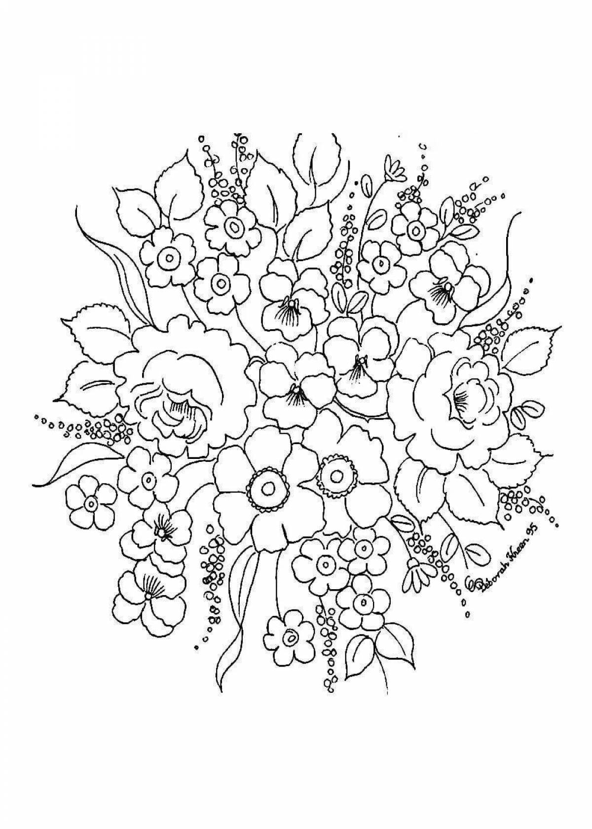 Coloring book funny flowers Zhostovo