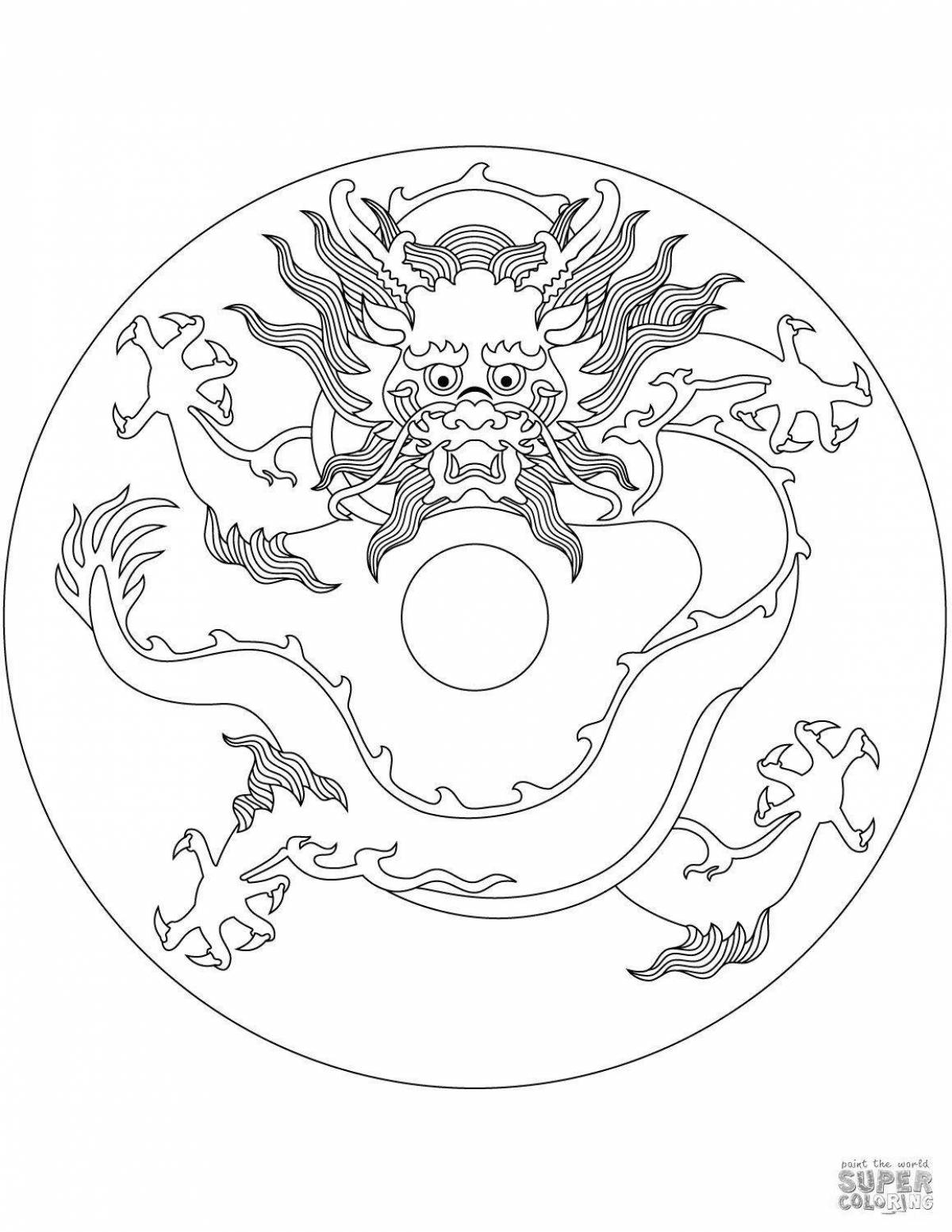Coloring book blooming Japanese dragon