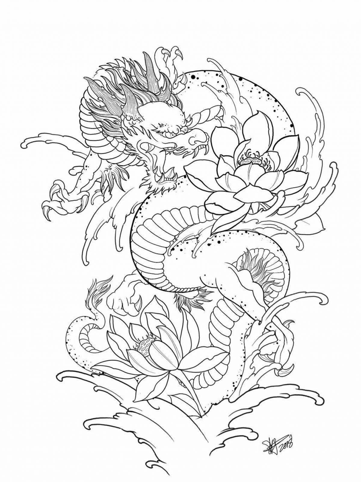 Coloring book magnanimous japanese dragon