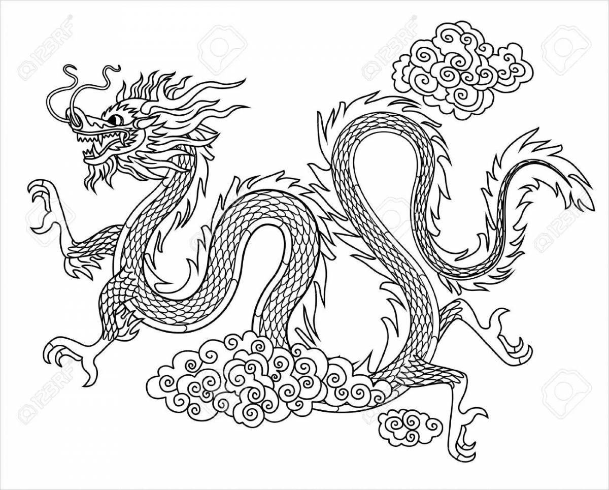 A brightly colored Japanese dragon coloring page