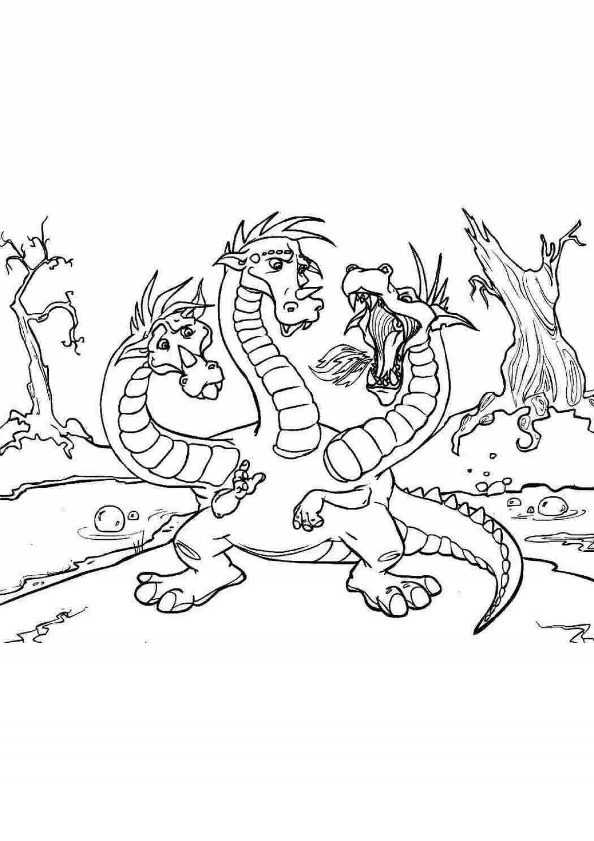 Coloring page striking six-headed serpent