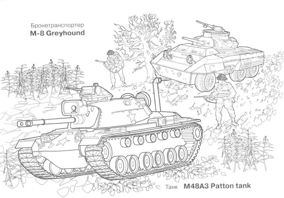 Красочная страница-раскраска «танковый бой»