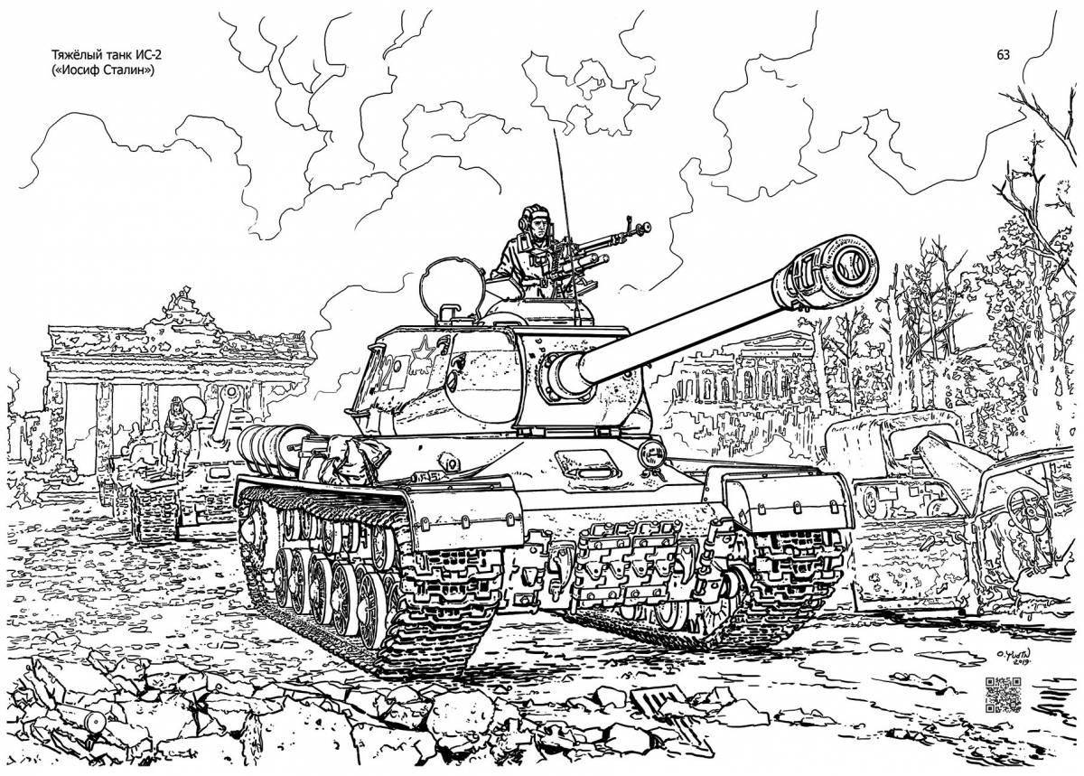 Захватывающая страница раскраски танкового боя