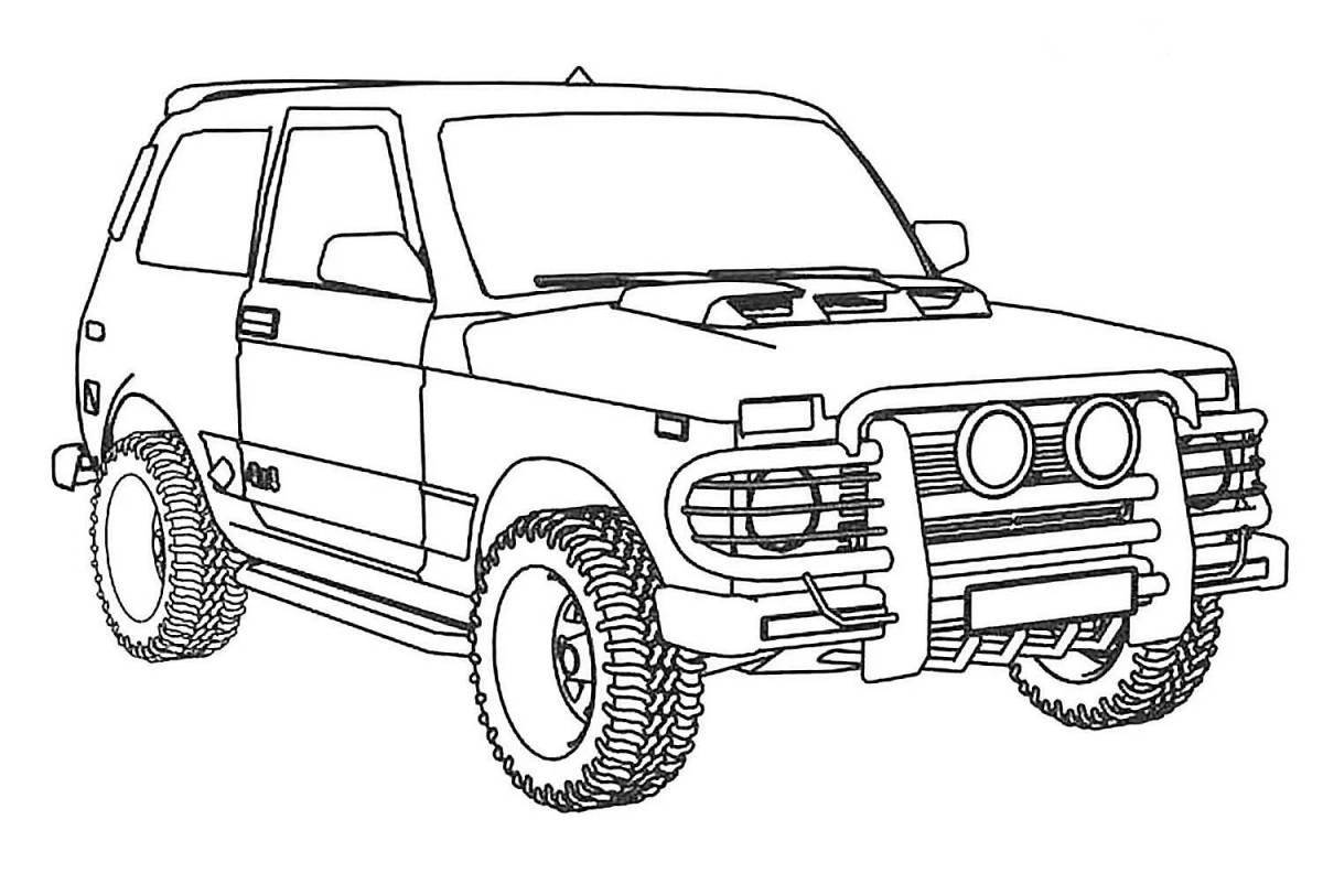 Playful coloring page with four cars