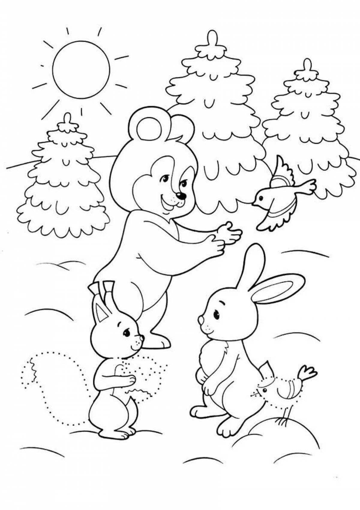 Fluffy rabbit coloring book in winter
