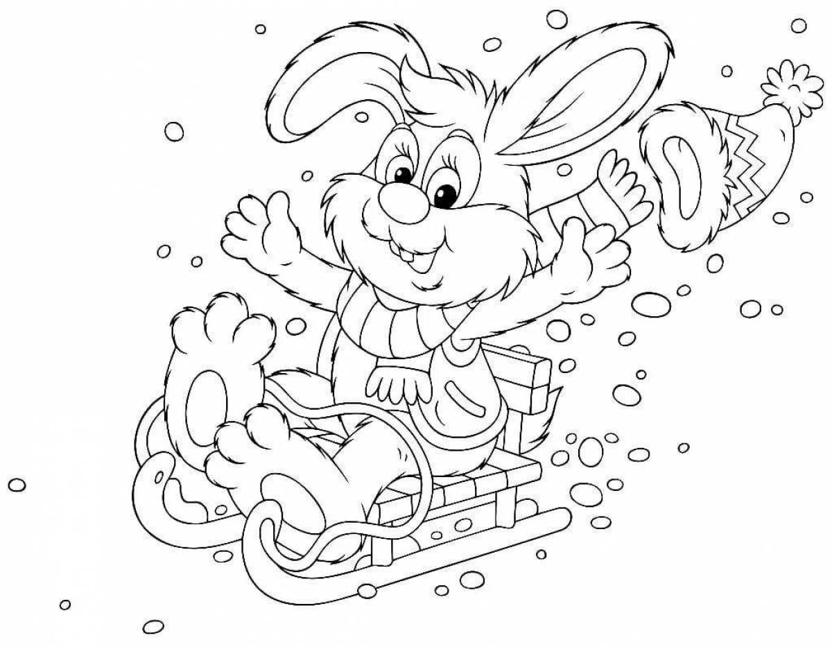 Очаровательный кролик-раскраска зимой