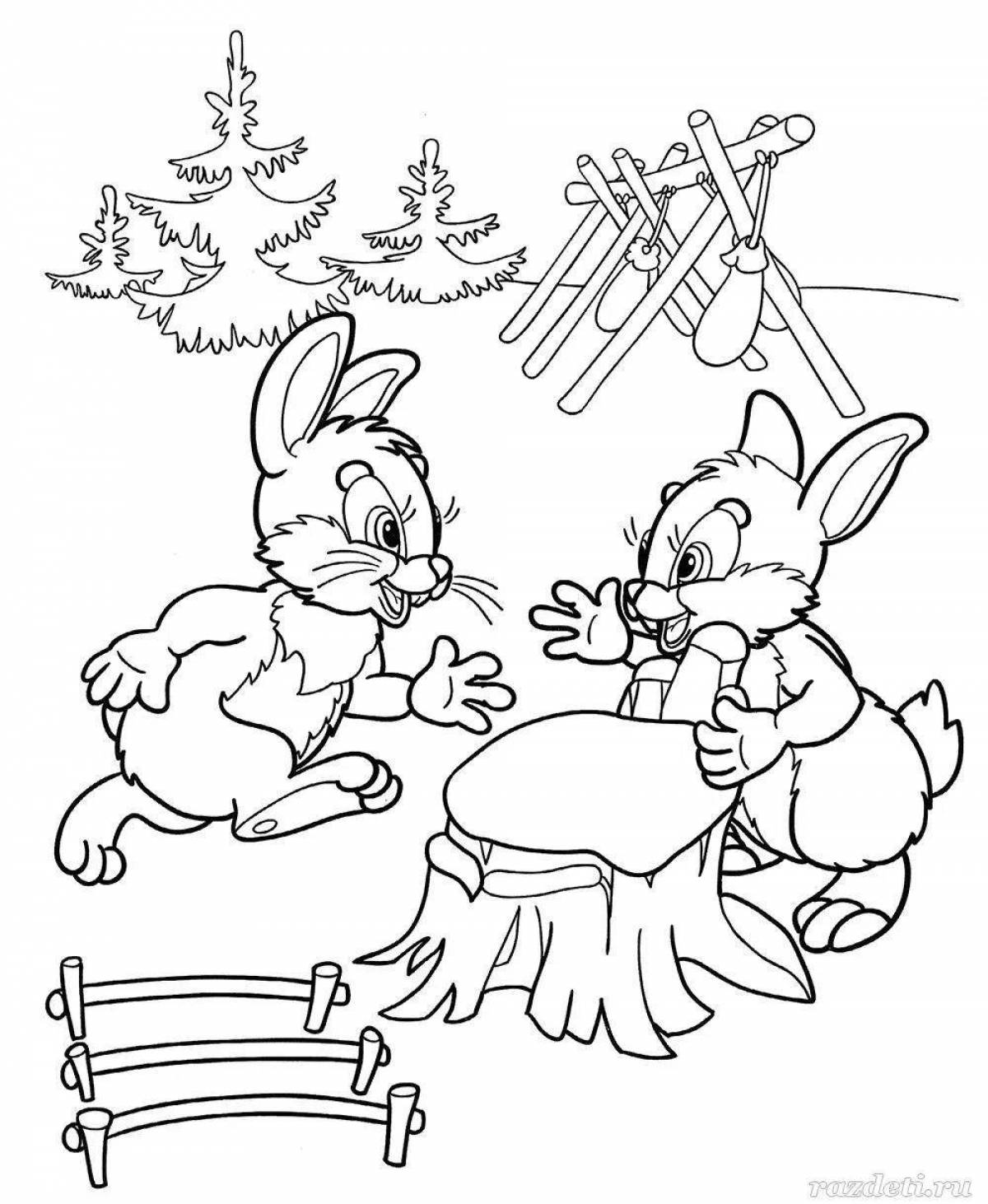 Shiny rabbit coloring book in winter