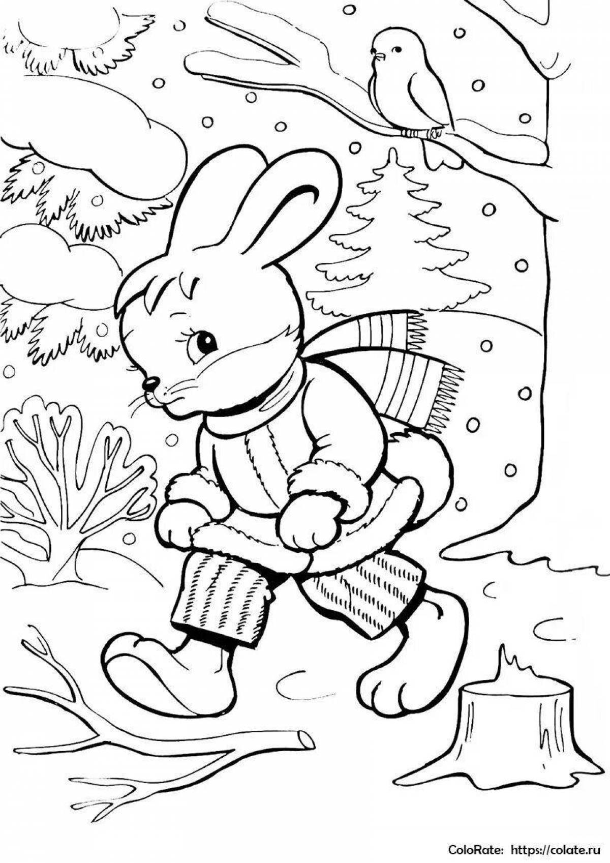 Plush rabbit coloring book in winter