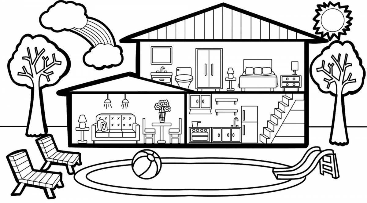 Раскраска дом с комнатами