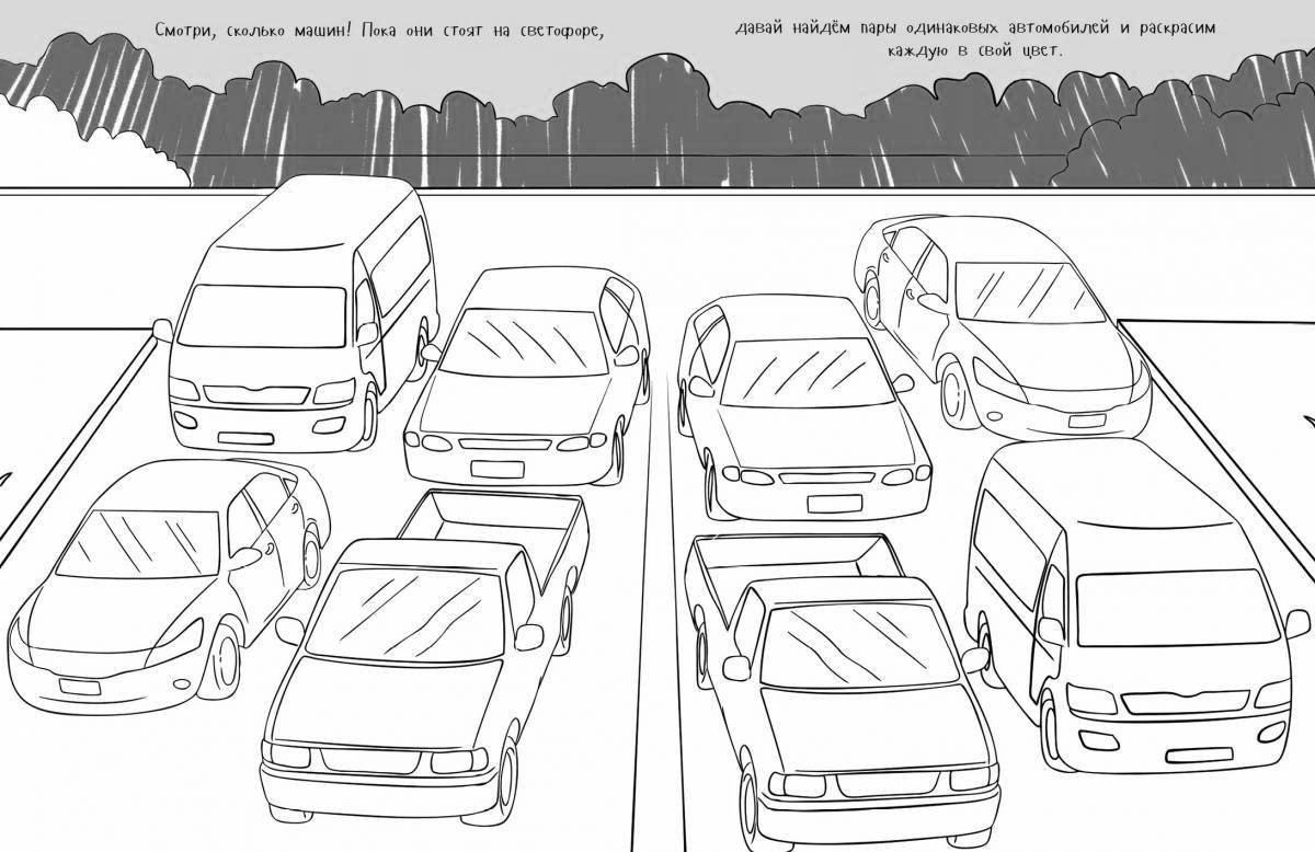 Красочная страница раскраски автомобильной парковки