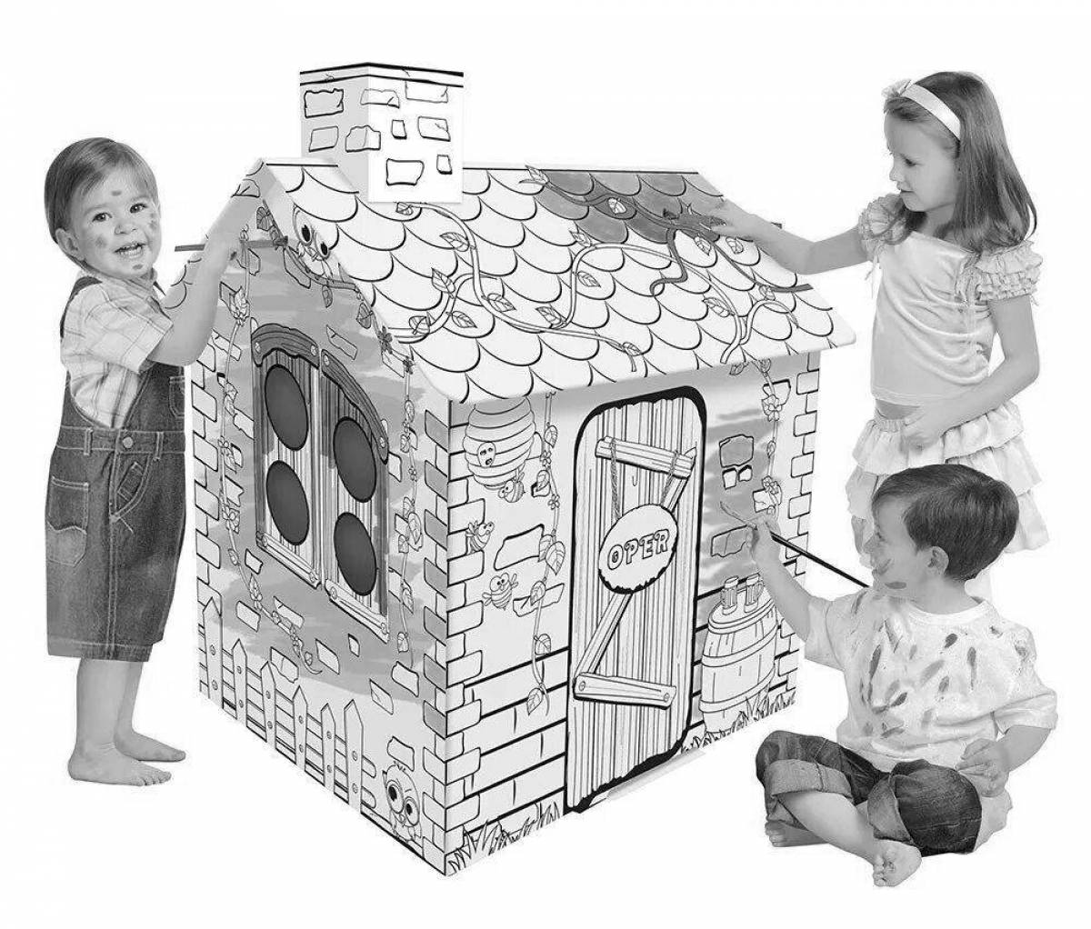 Радостный картонный домик для раскраски