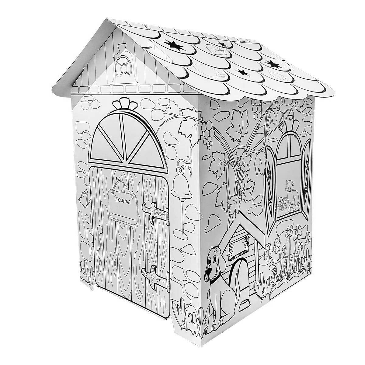 Веселая страница раскраски картонного домика