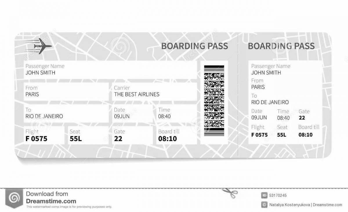 Яркая страница раскраски билета на самолет
