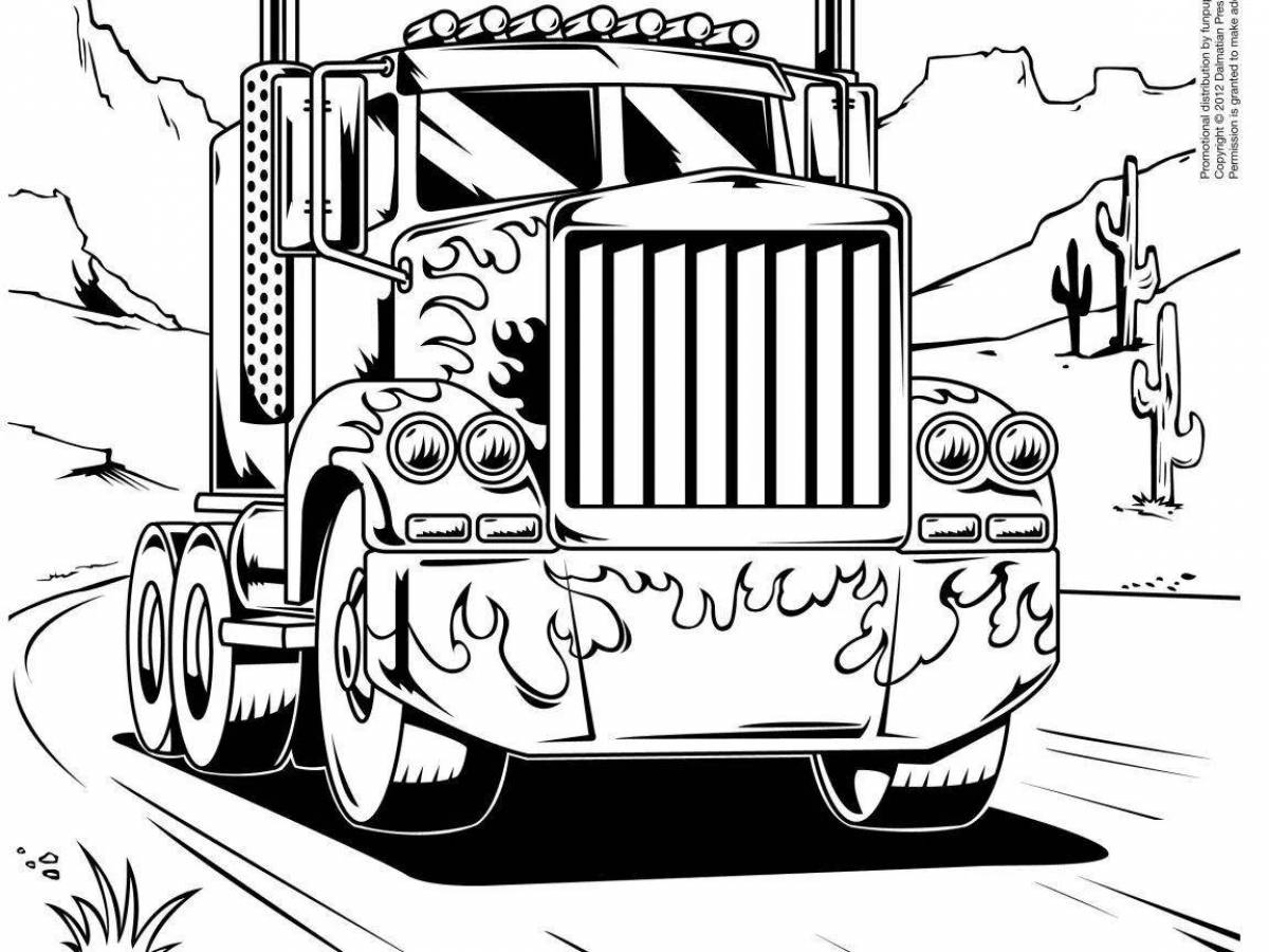 Colorfully detailed coloring page of Optimus Prime's car