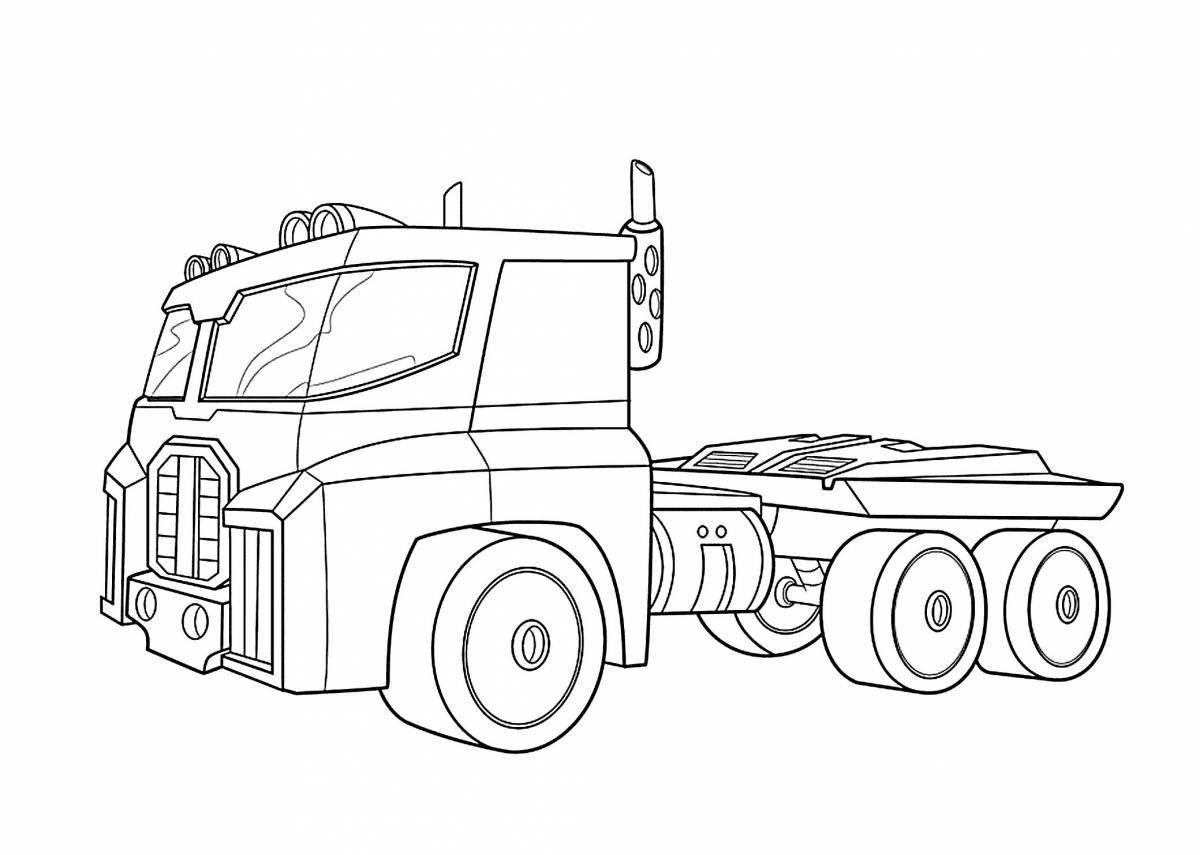 Colorfully illustrated coloring page of Optimus Prime's car