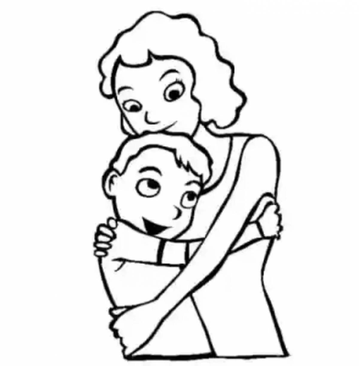 Coloring page comforting son and mother