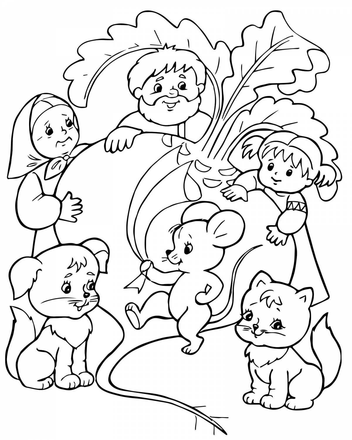 Bright coloring book based on fairy tales senior group