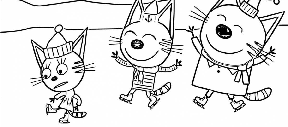 Fluffy family of three cats coloring page