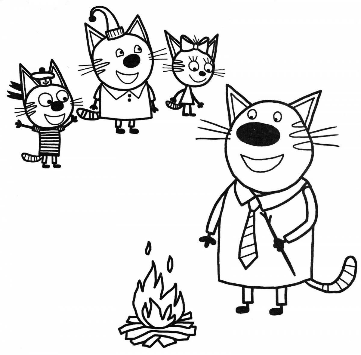 Раскраска сияющая семья трех кошек