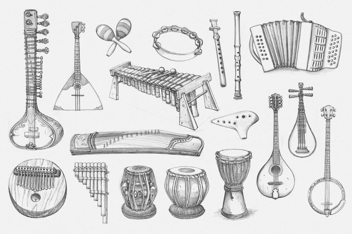 Богато украшенные русские народные музыкальные инструменты
