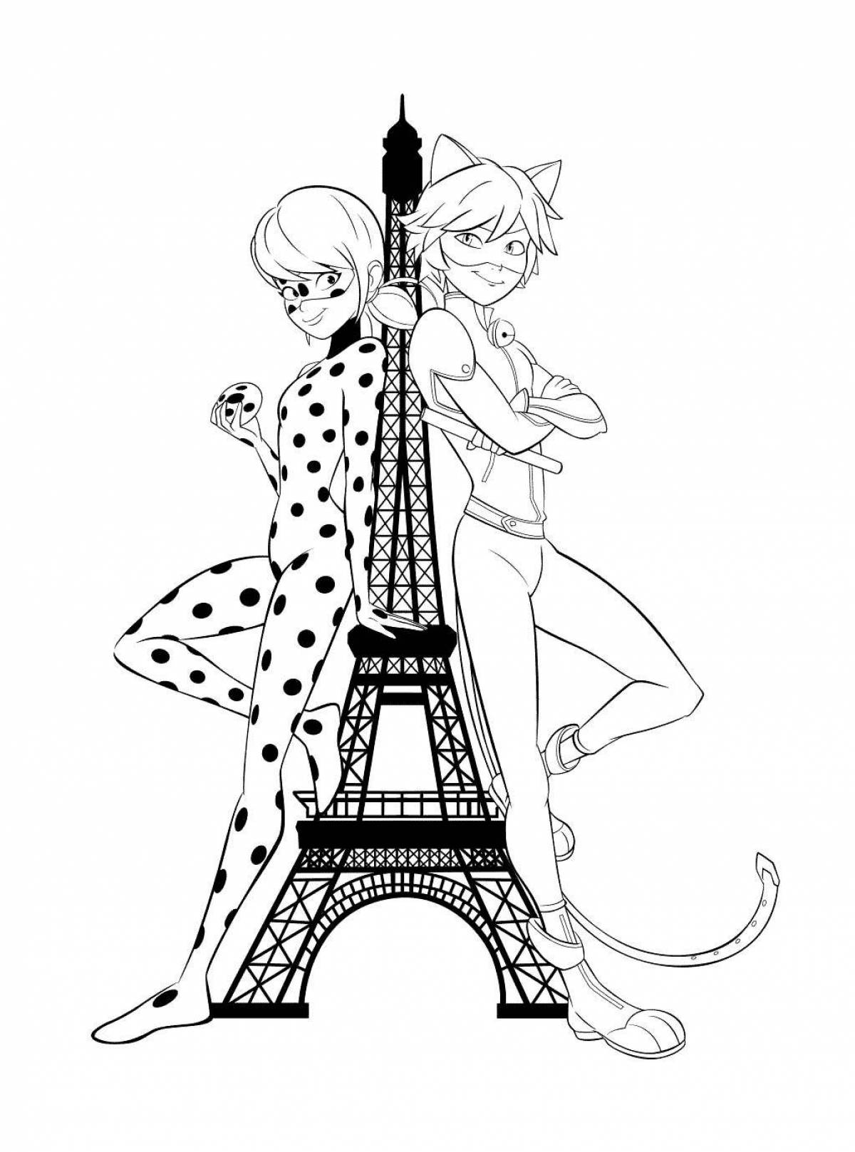 An animated coloring page of ladybug and super cat