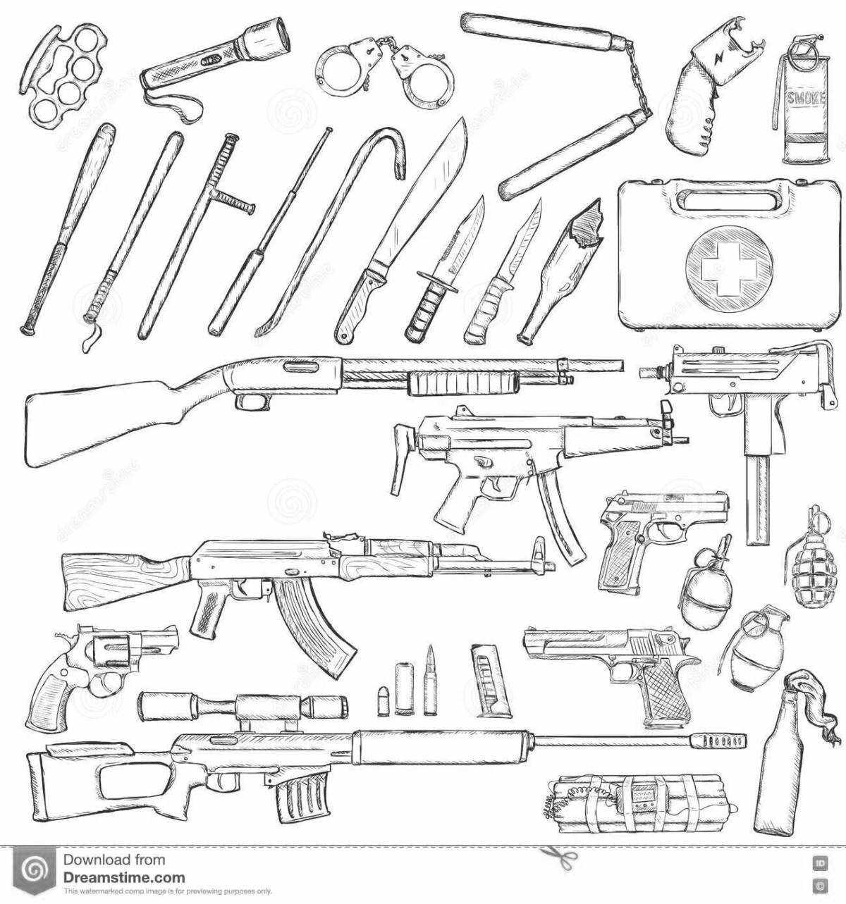 Great coloring book with cool weapons