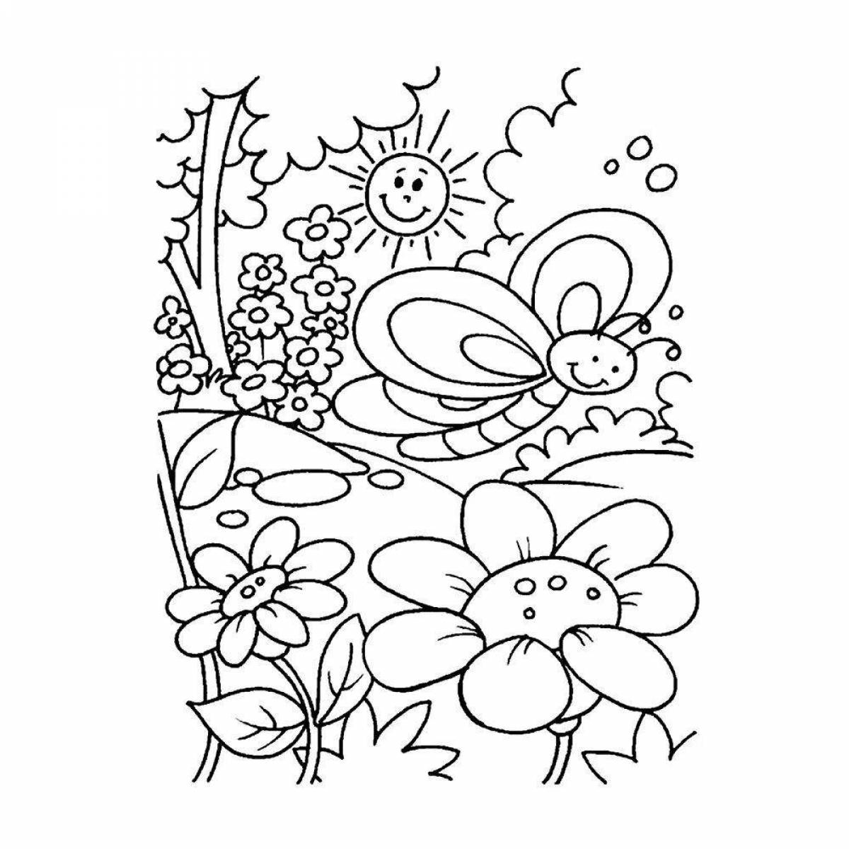 Coloring book exotic glade of flowers