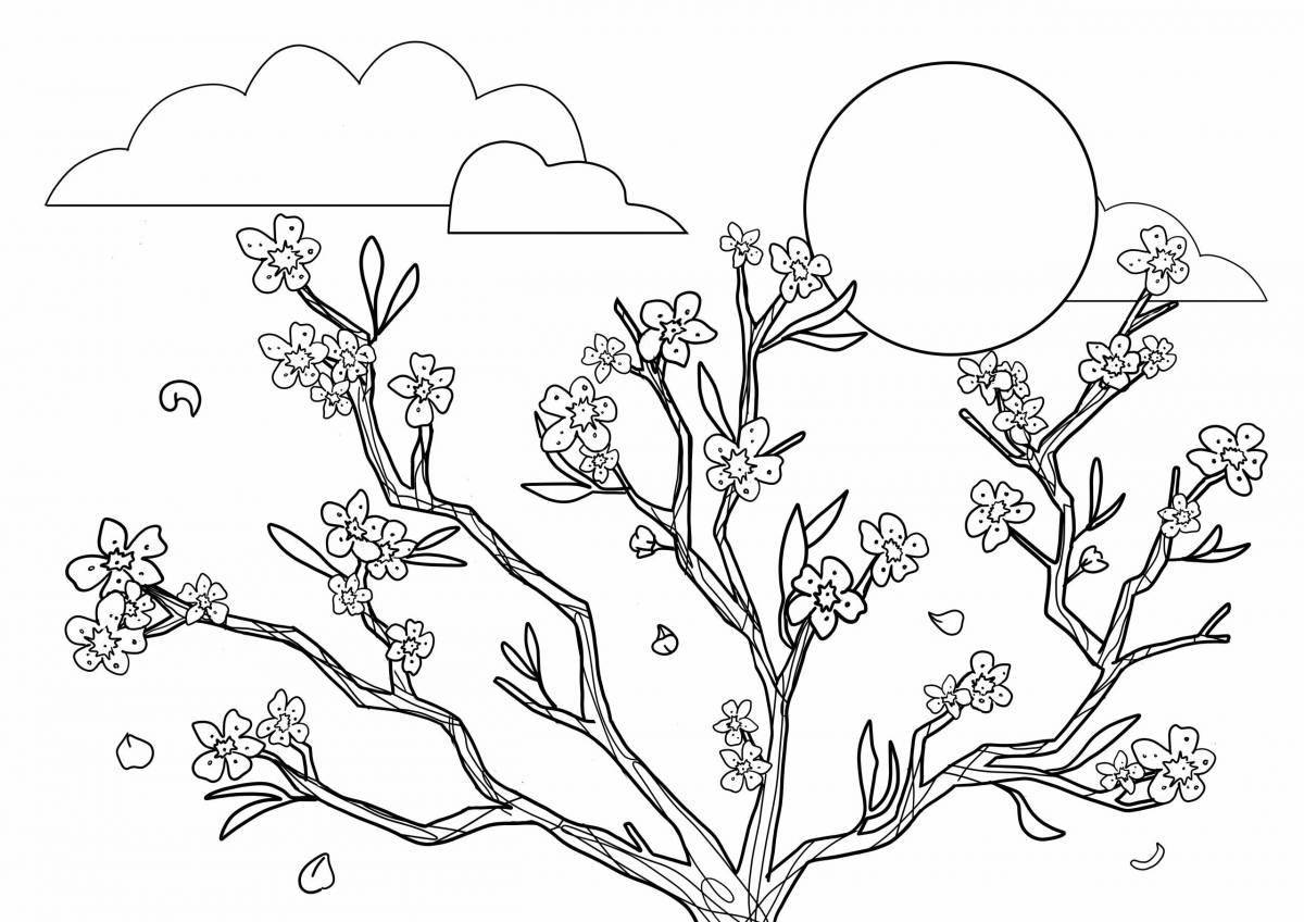 Coloring book bright sakura branch