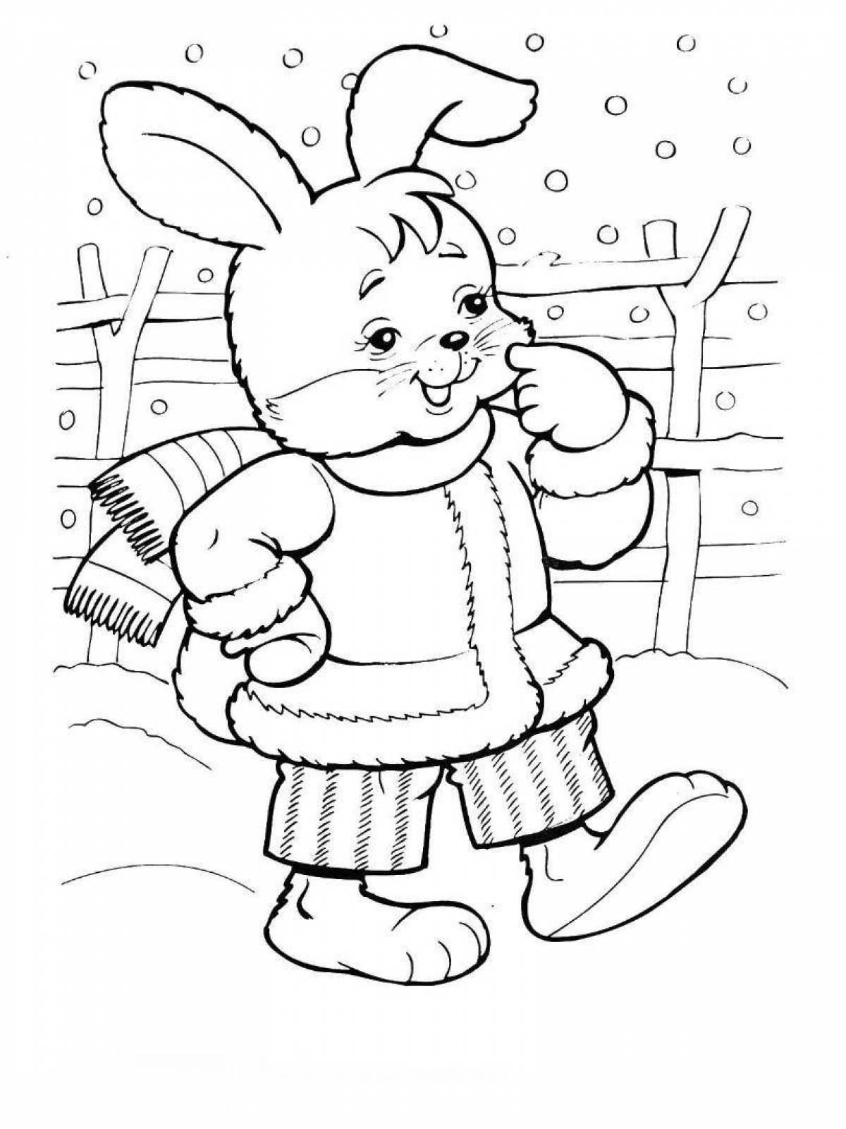 Уютная раскраска зимний кролик