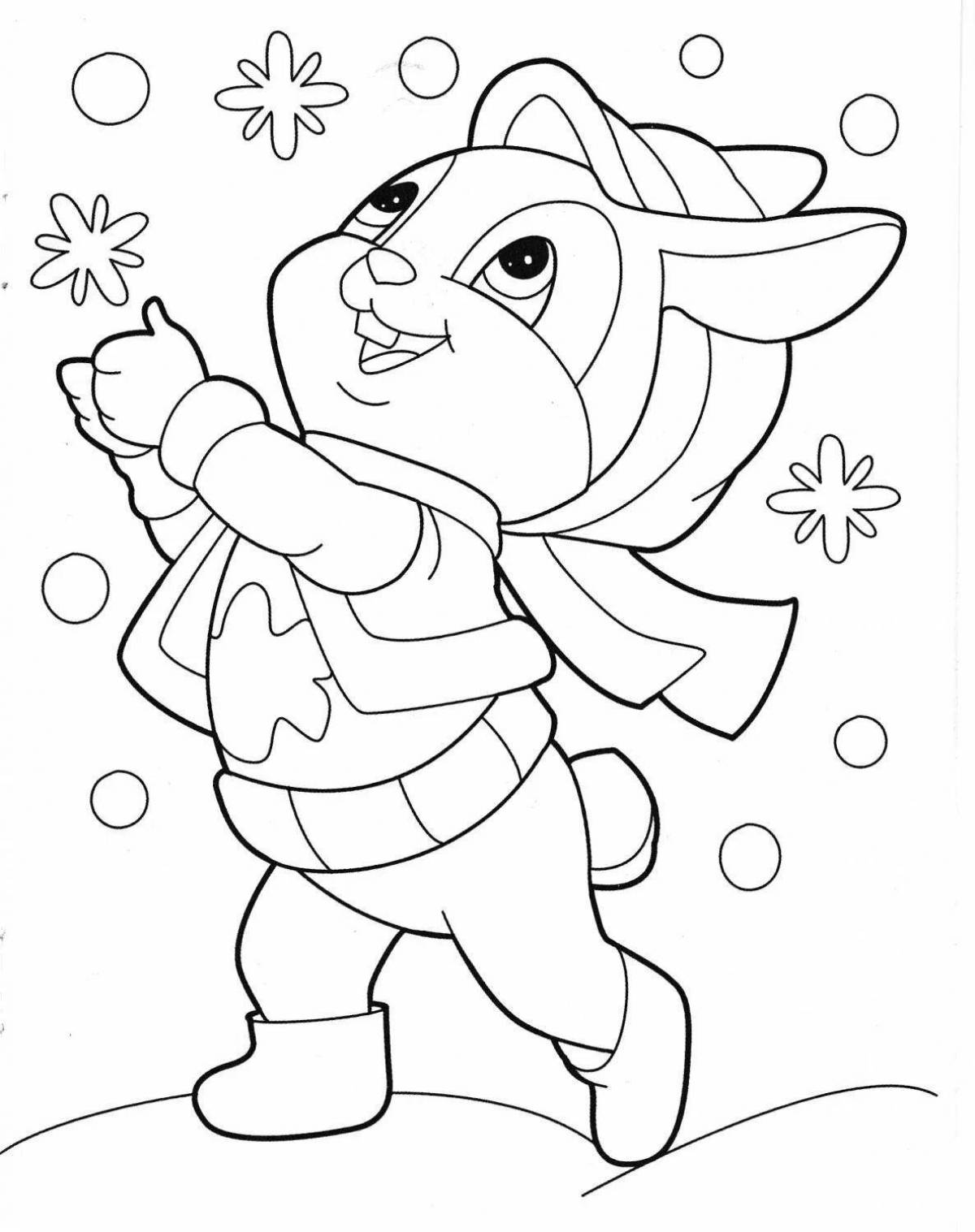 Whimsical winter rabbit coloring book