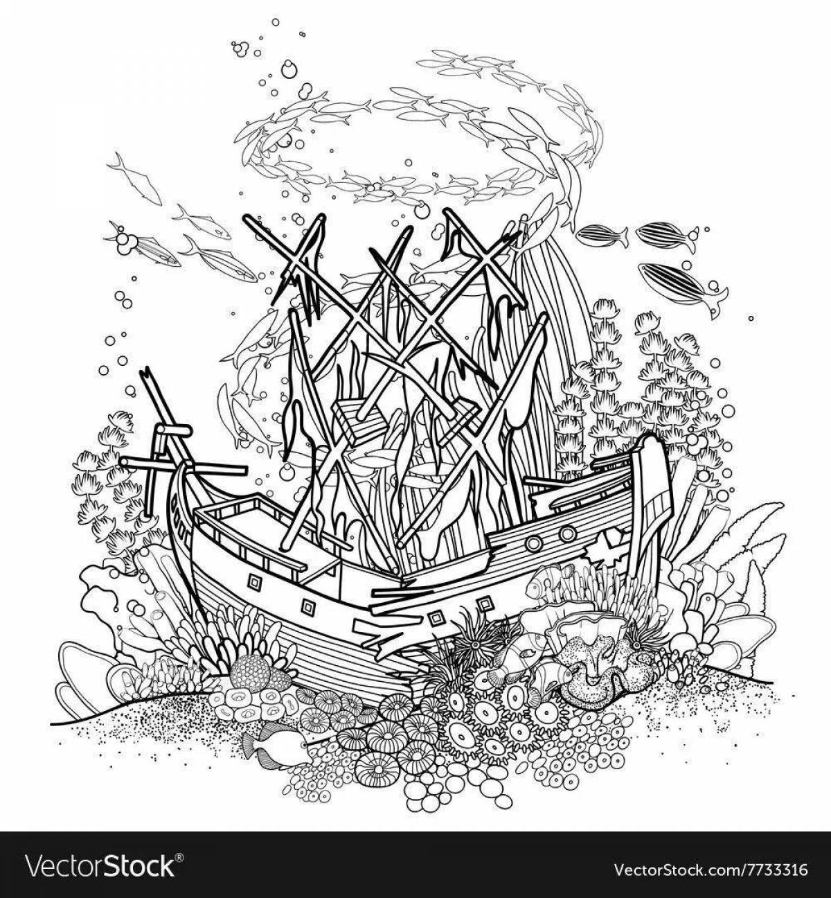 Coloring page gorgeous sunken ship