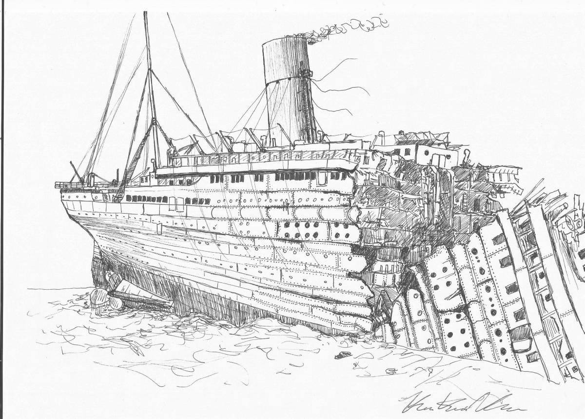 Великолепная страница раскраски затонувшего корабля