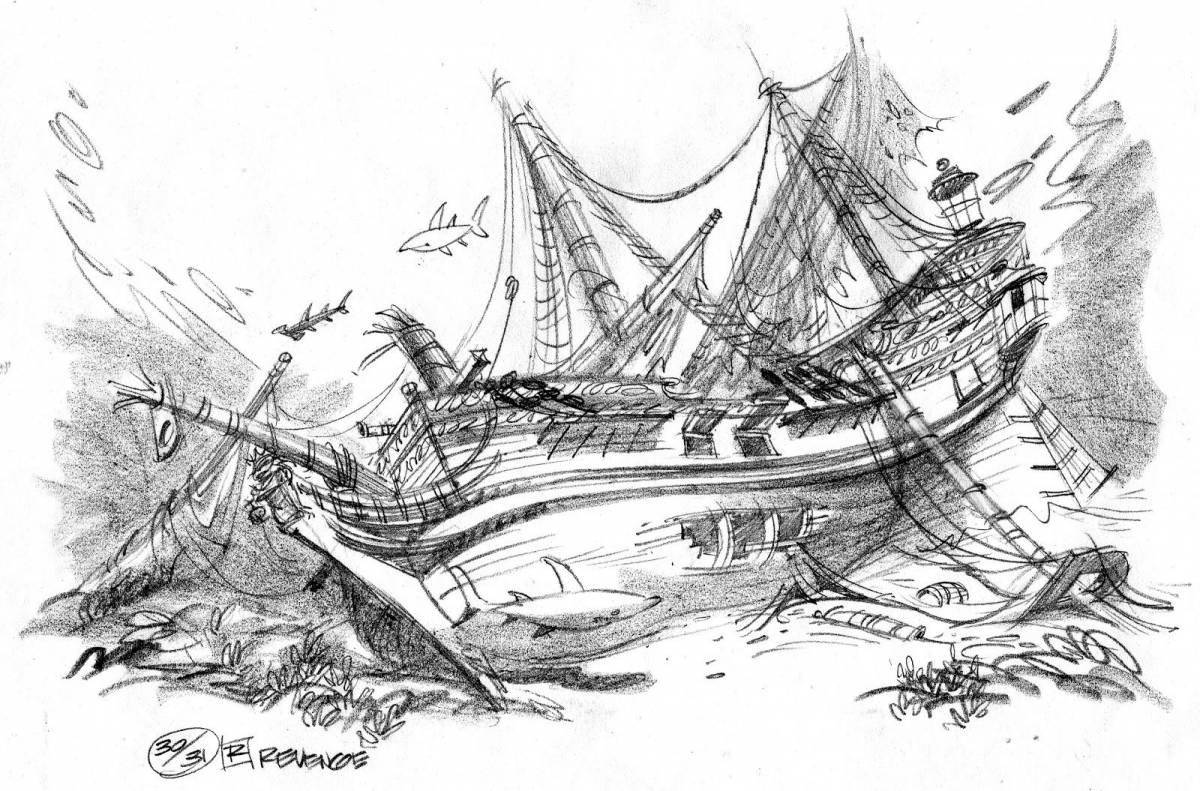 Great sunken ship coloring page
