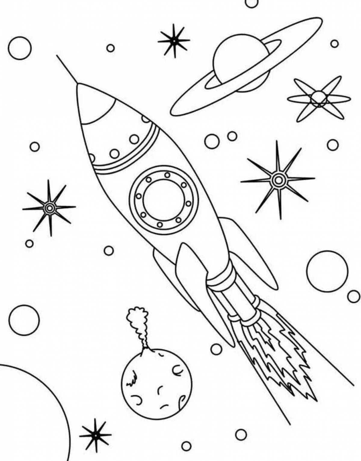 Coloring book glowing space rocket