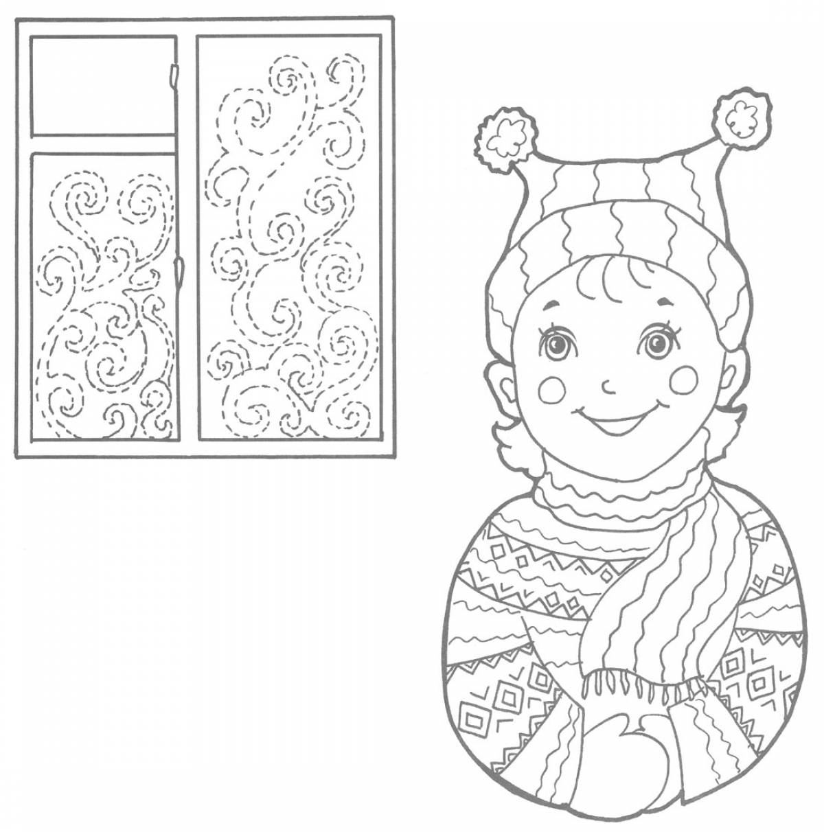 Coloring page winter patterns on the window