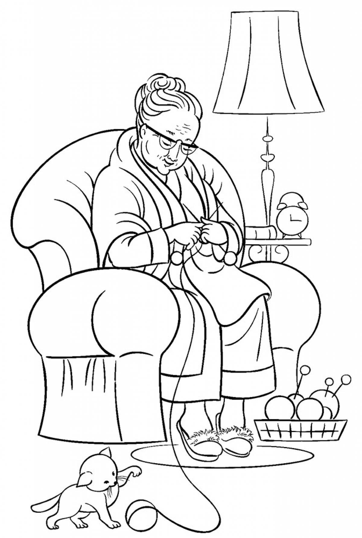 Grandmother knits in a chair