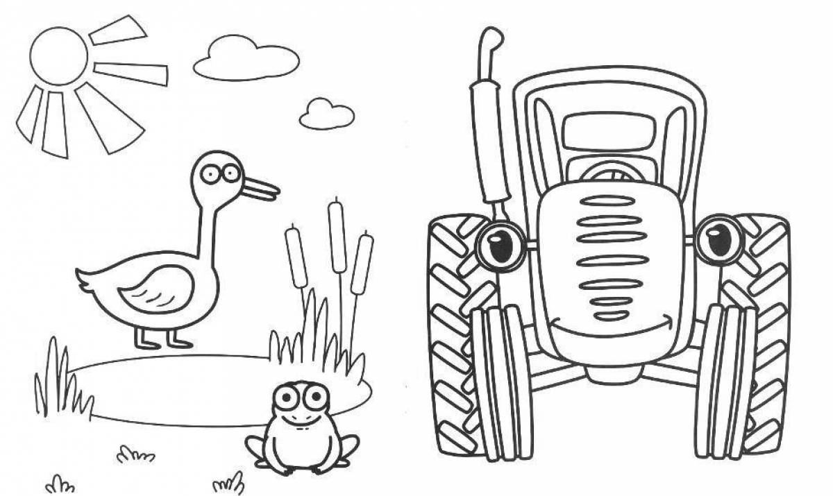 Cheerful blue tractor coloring book for kids