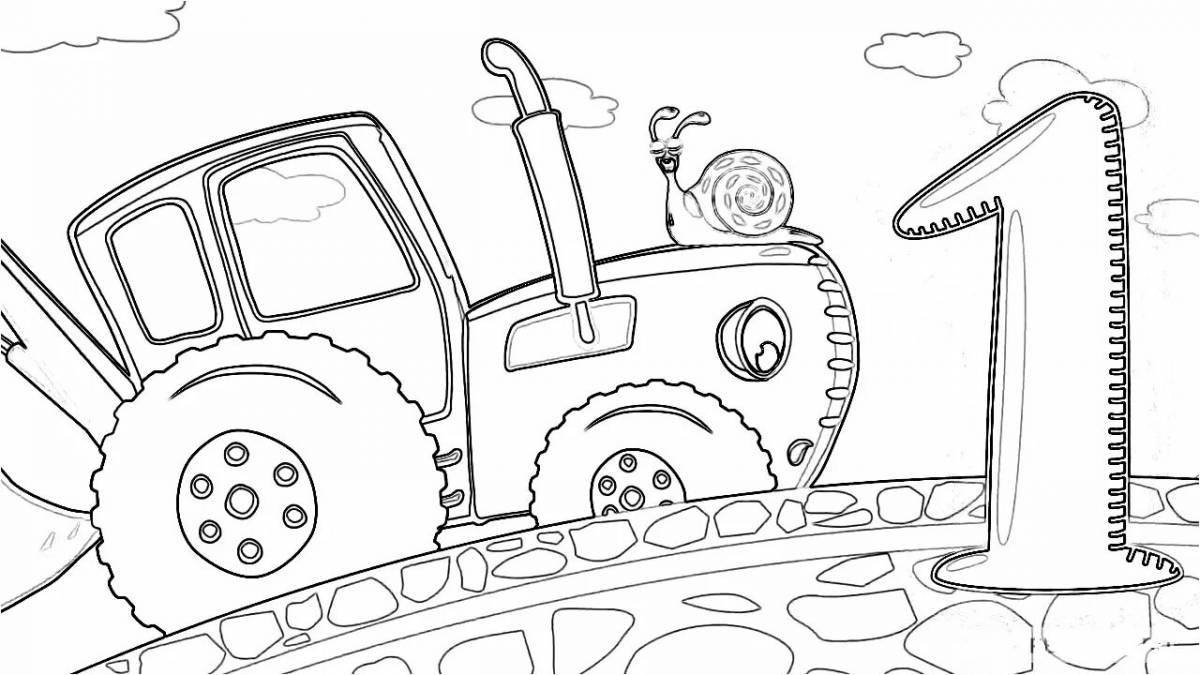 Humorous blue tractor coloring book for kids