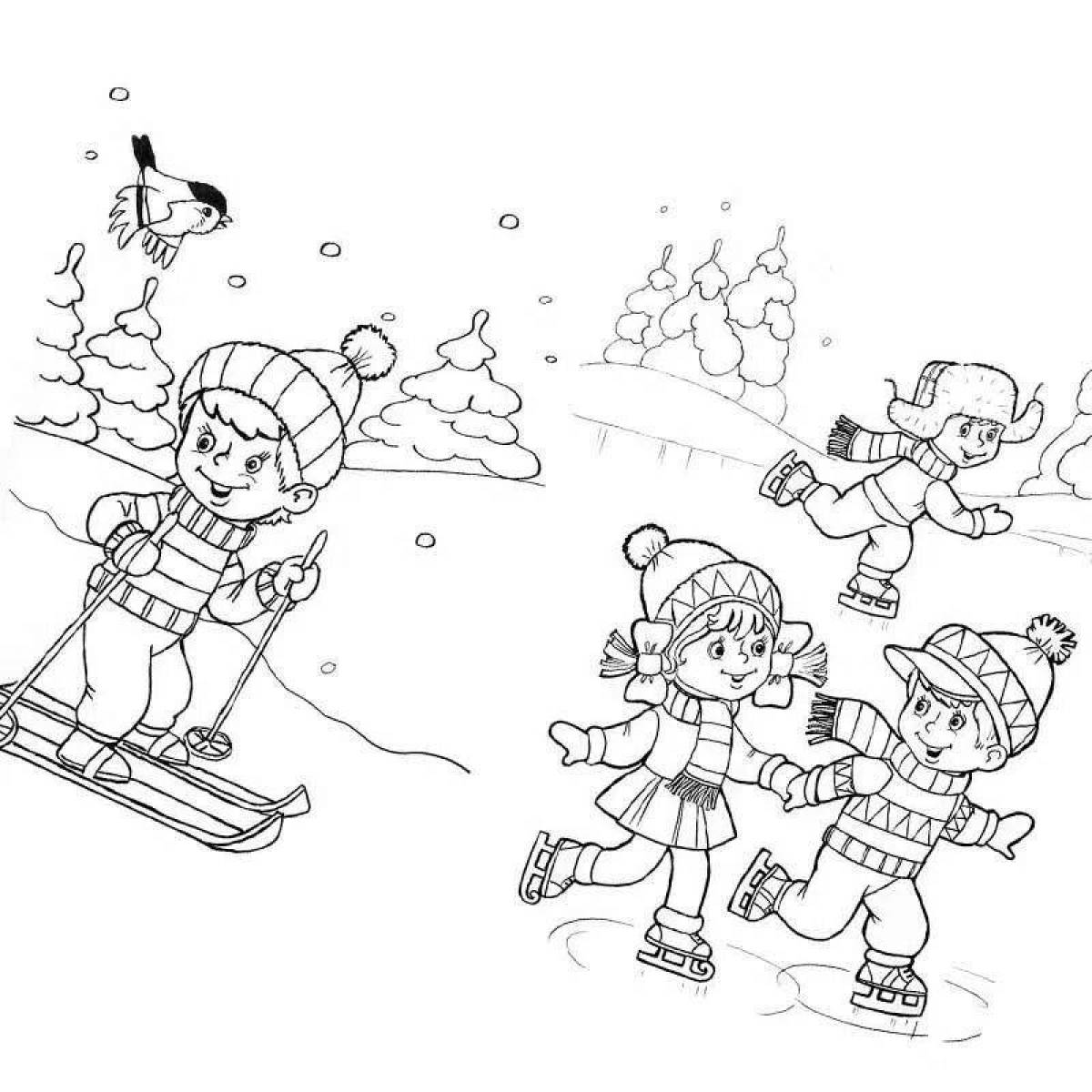Colourful coloring book winter sports for children