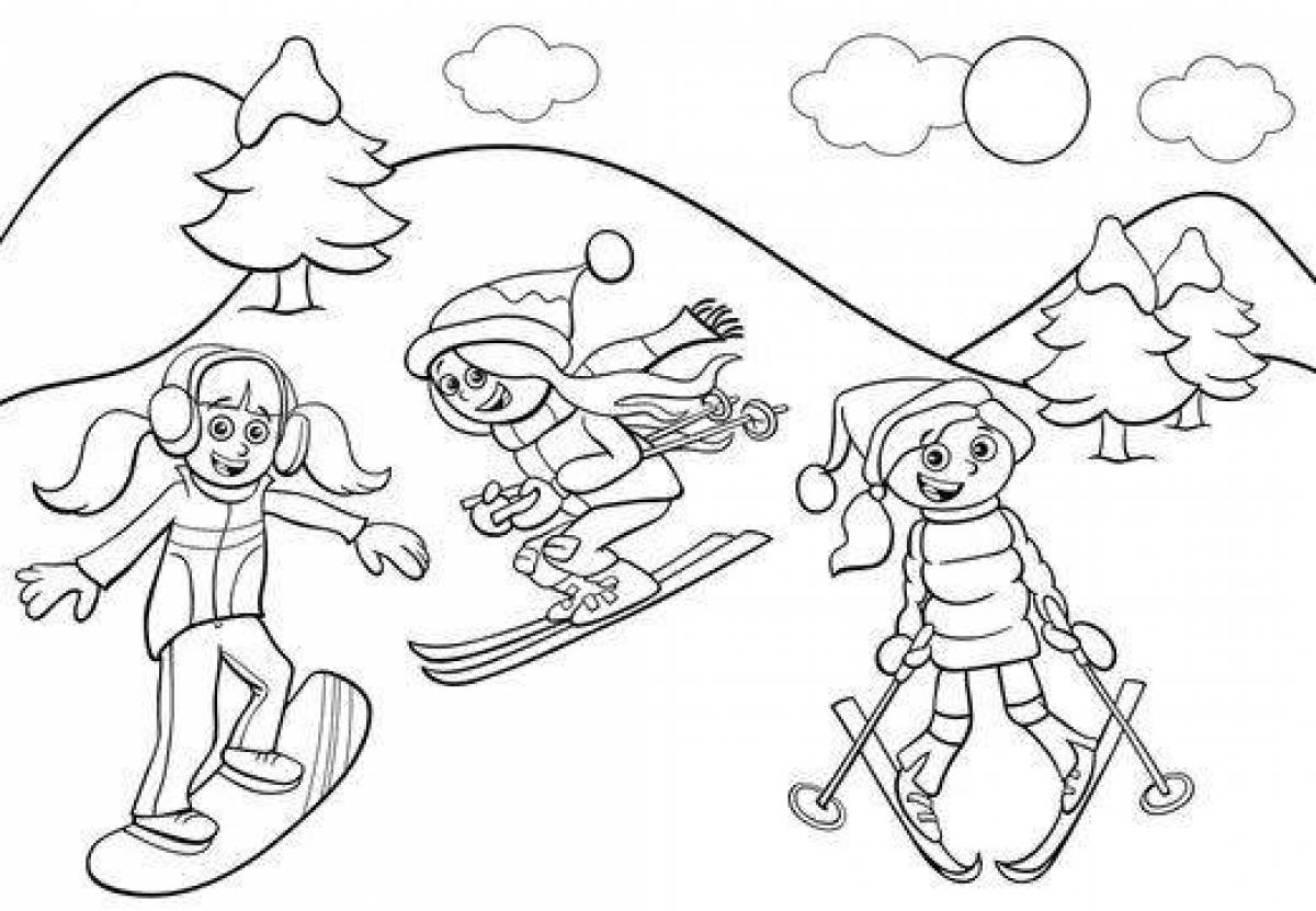Игривая страница раскраски зимних видов спорта для детей
